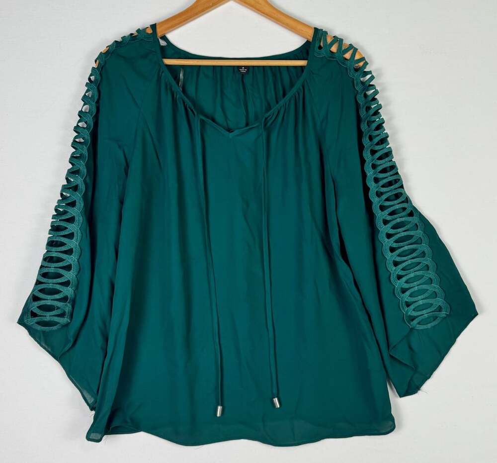 Zac & Rachel Blouse Size M Green Cutout Sleeve V-Neck Tie Front Top